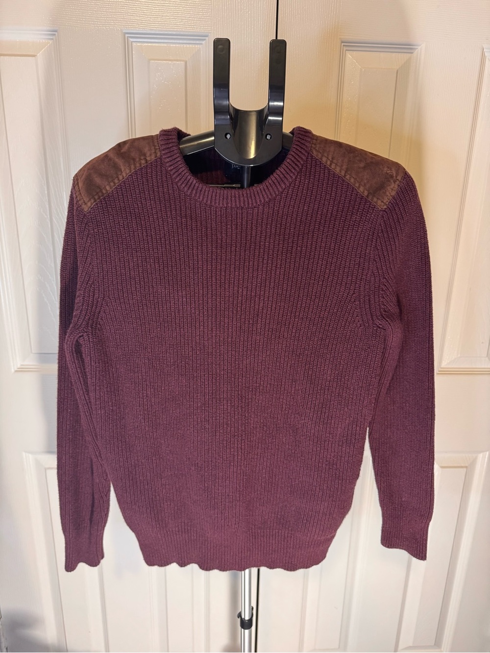 J. Crew Men's Woodsman Sweater in Burgundy with Brown Shoulder Panels